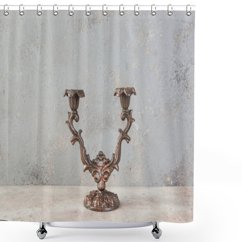 Personality  Old Metal Candlestick For Two Candles On Concrete Background. Photography Props. Shower Curtains