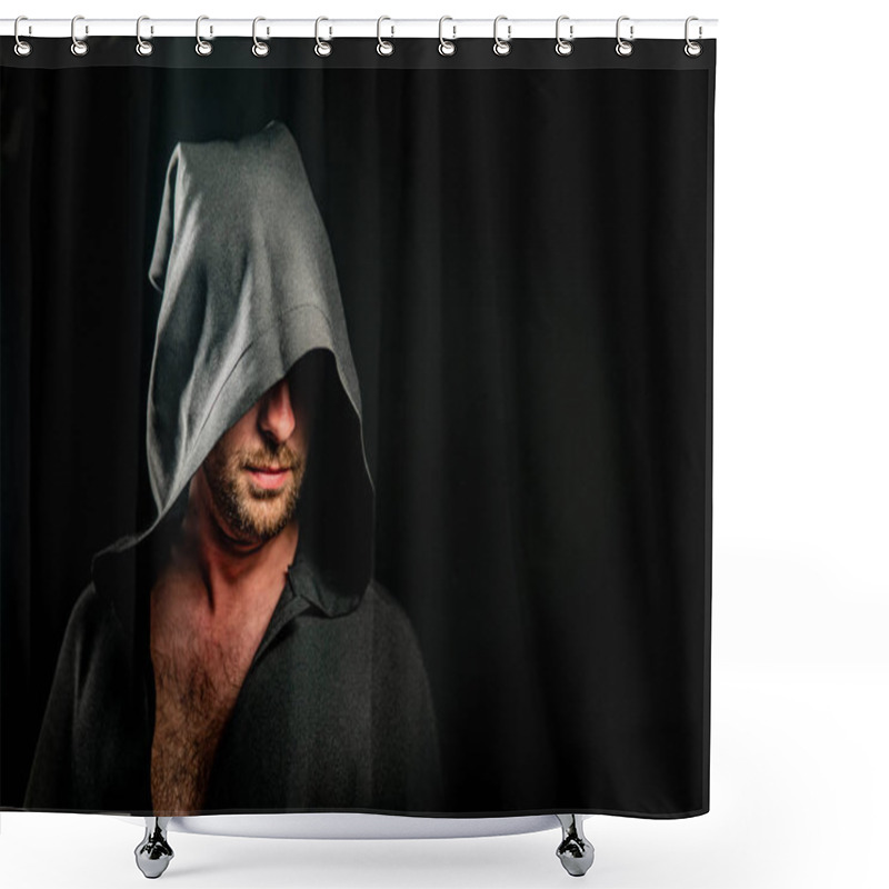 Personality  Portrait Of A Courageous Warrior Wanderer In A Black Cloak. Historical Fantasy. Halloween Shower Curtains