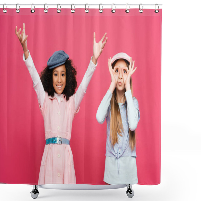 Personality  Trendy Girl Imitating Eyeglasses Near Cheerful African American Girl With Raised Hands Isolated On Pink Shower Curtains