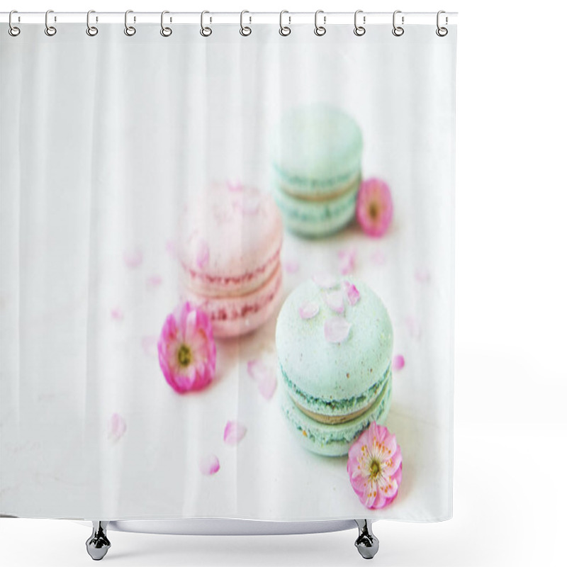 Personality  Macaron Or Macaroon French Coockie On White Textured Background With Spring Lila Flowers, Pastel Colors.  Shower Curtains