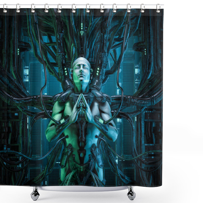 Personality  The Quantum Zen King / 3D Illustration Of Male Android Hardwired To Computer Core Shower Curtains