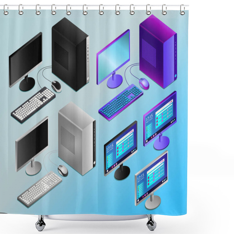 Personality  Vector Illustration Of Realistic Desktop Pc In Isometry With Empty And Working Screens Shower Curtains