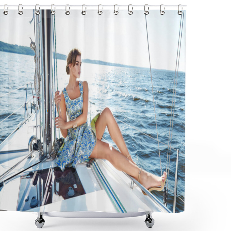 Personality  Beautiful Sexy Brunette Girl In Dress Makeup Summer Trip Yacht Shower Curtains