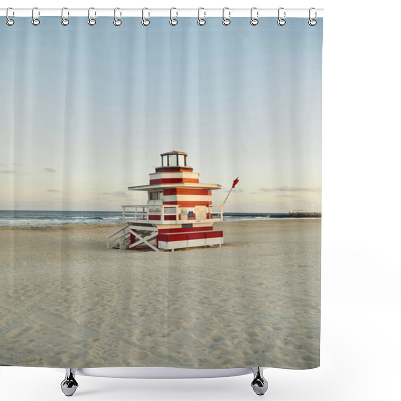 Personality  A Red And White Lifeguard Stand Stands Tall On A Sandy Beach In Miami, Florida. Shower Curtains