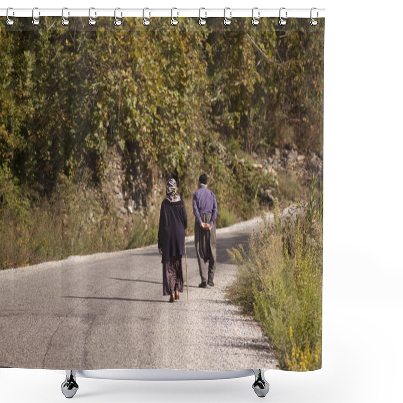 Personality  Man And Woman Hikers Trekking Roads In Turkey Shower Curtains