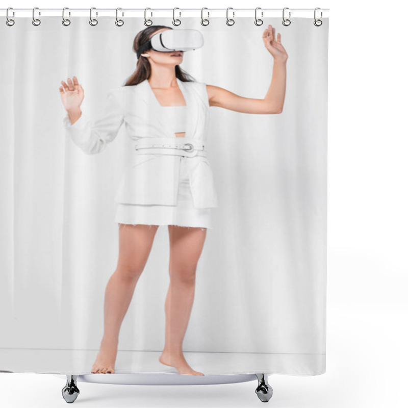 Personality  Barefoot Woman In Total White Gesturing In Virtual Reality Glasses Shower Curtains