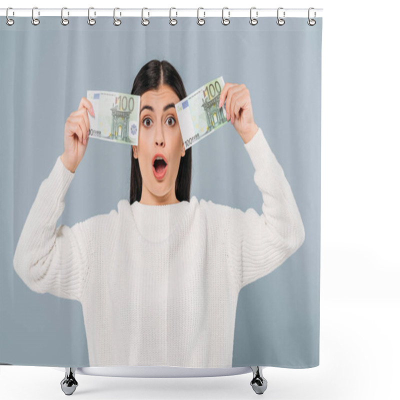 Personality  Surprised Pretty Girl In White Sweater Holding Euro Banknotes Isolated On Grey Shower Curtains