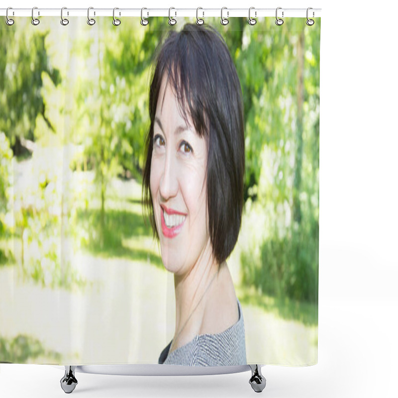 Personality  Portrait Of A Smiling Mid Adult Woman Standing On Green Park Garden Background Shower Curtains