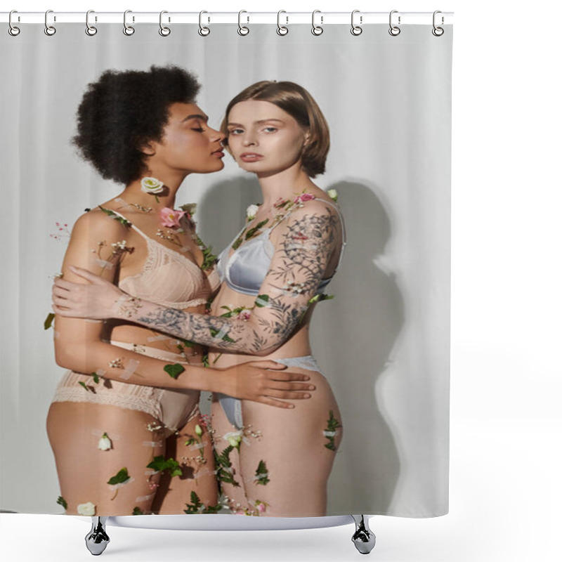 Personality  Loving Partners Bask In Intimacy Adorned With Flowers. Shower Curtains