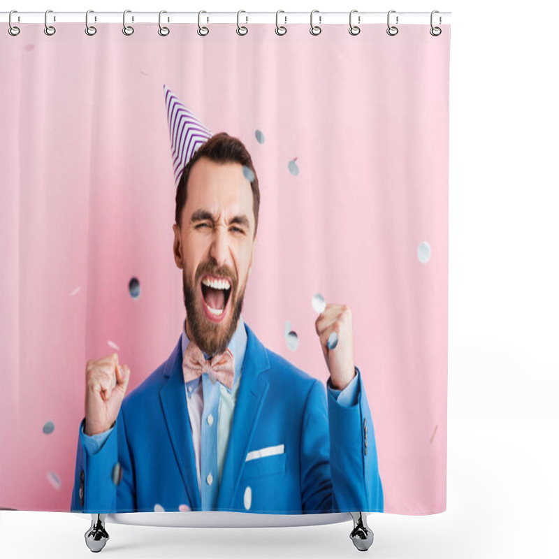 Personality  Excited Businessman In Party Cap Celebrating Triumph Near Falling Confetti On Pink  Shower Curtains