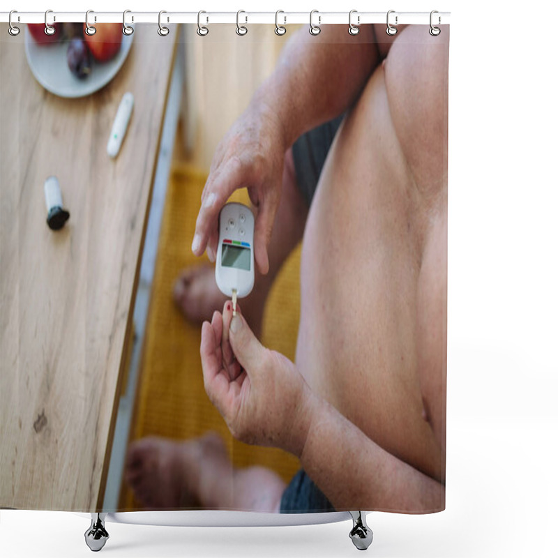 Personality  Overweight Man Checking Blood Glucose Level At Home Using A Fingerstick Glucose Meter. The Diabetic Man Taking A Finger-prick Blood Sample. Shower Curtains