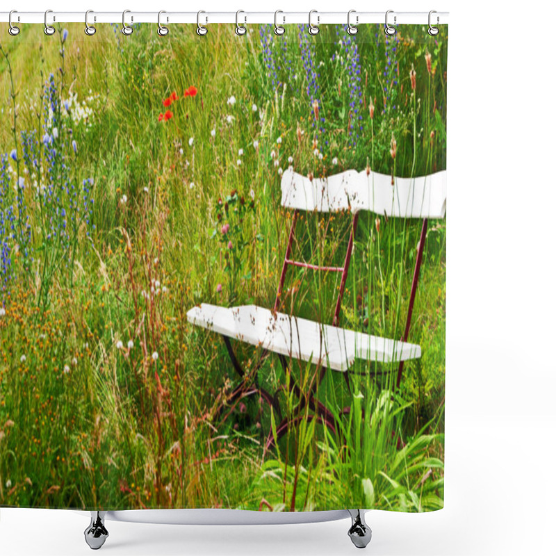 Personality  Spring Meadow With Coloured Flowers And Bench Shower Curtains