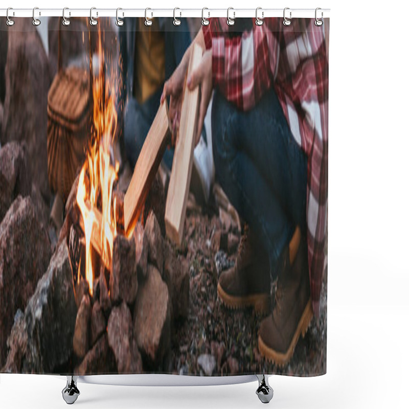 Personality  Panoramic Crop Of Woman Putting Log In Burning Bonfire Shower Curtains