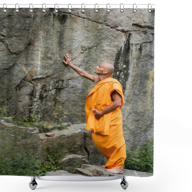 Personality  Buddhist Monk In Traditional Orange Robe Touching Rock Shower Curtains