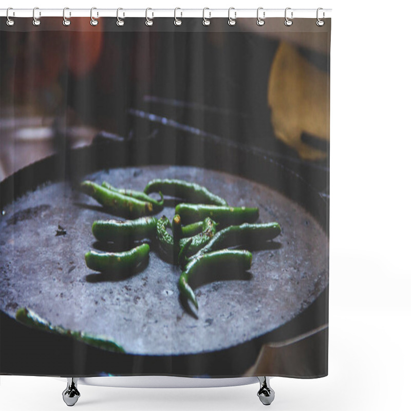 Personality  Green Serrano Peppers Being Roasted In A Iron Skillet At Rural Mexico. Shower Curtains