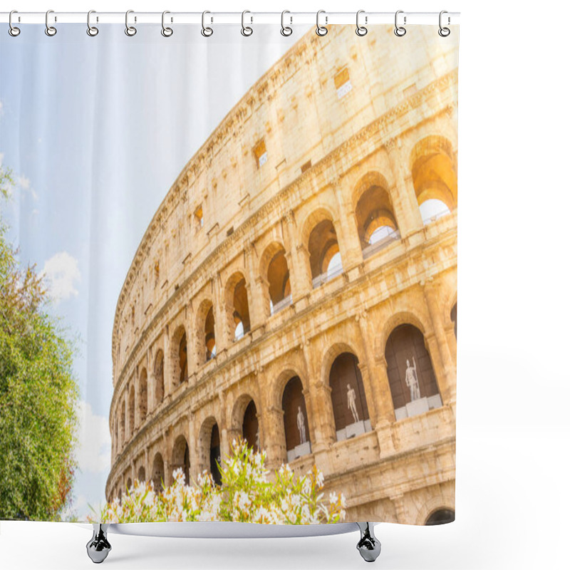 Personality  Visitors Admire The Stunning Architecture Of The Colosseum In Rome Under Bright Sunlight, Surrounded By Green Flora That Enhances The Historical Atmosphere Of This Iconic Landmark. Shower Curtains