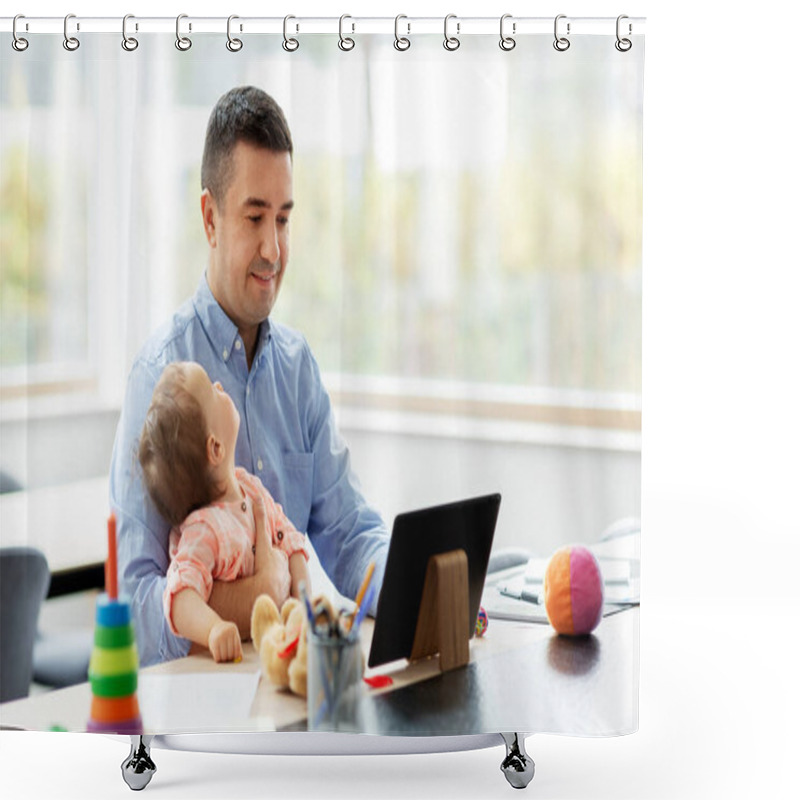 Personality  Father With Baby Working On Tablet Pc At Home Shower Curtains