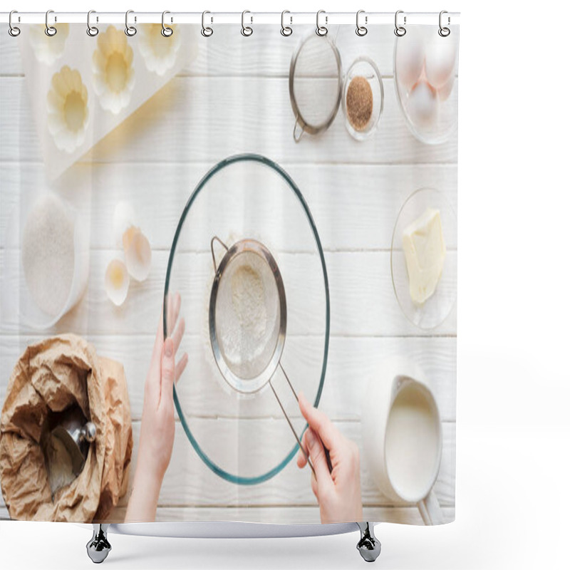 Personality  Partial View Of Woman Sieving Flour In Bowl On Table With Ingredients Shower Curtains