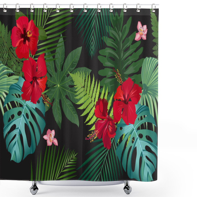 Personality  Seamless Vector Pattern Tropical Leaves With Red Hibiscus Flower And Pink Orchid On Black Background Shower Curtains