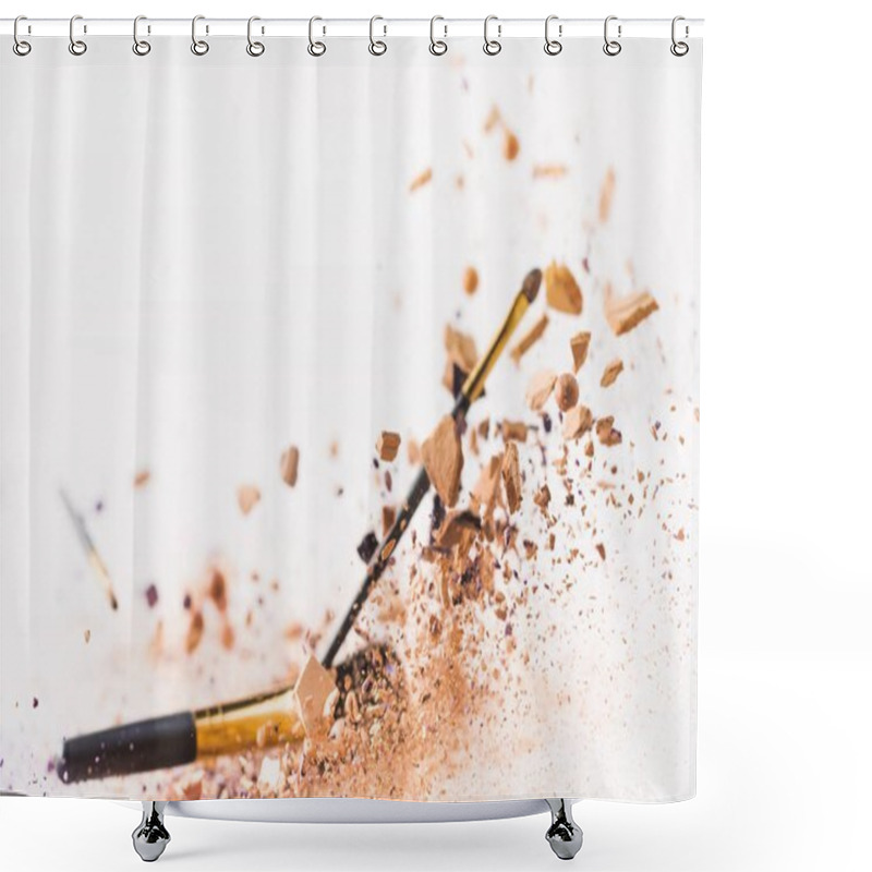 Personality  Pieces Of Cosmetic Powder With Makeup Brushes Falling Isolated On White Shower Curtains