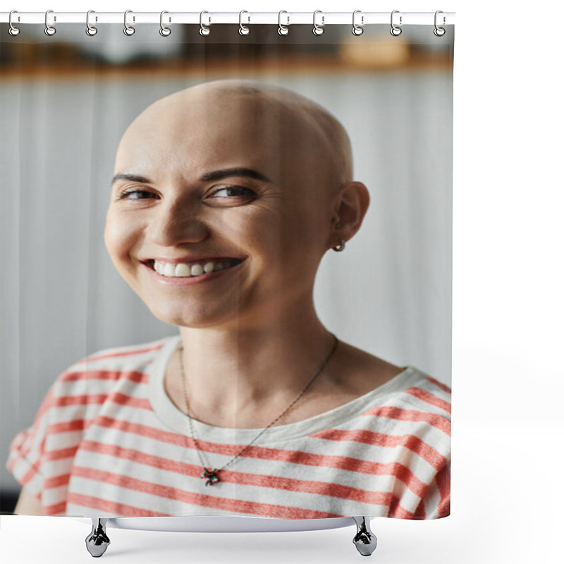 Personality  A Cheerful Bald Woman Radiates Confidence And Warmth In A Bright, Inviting Space. Shower Curtains