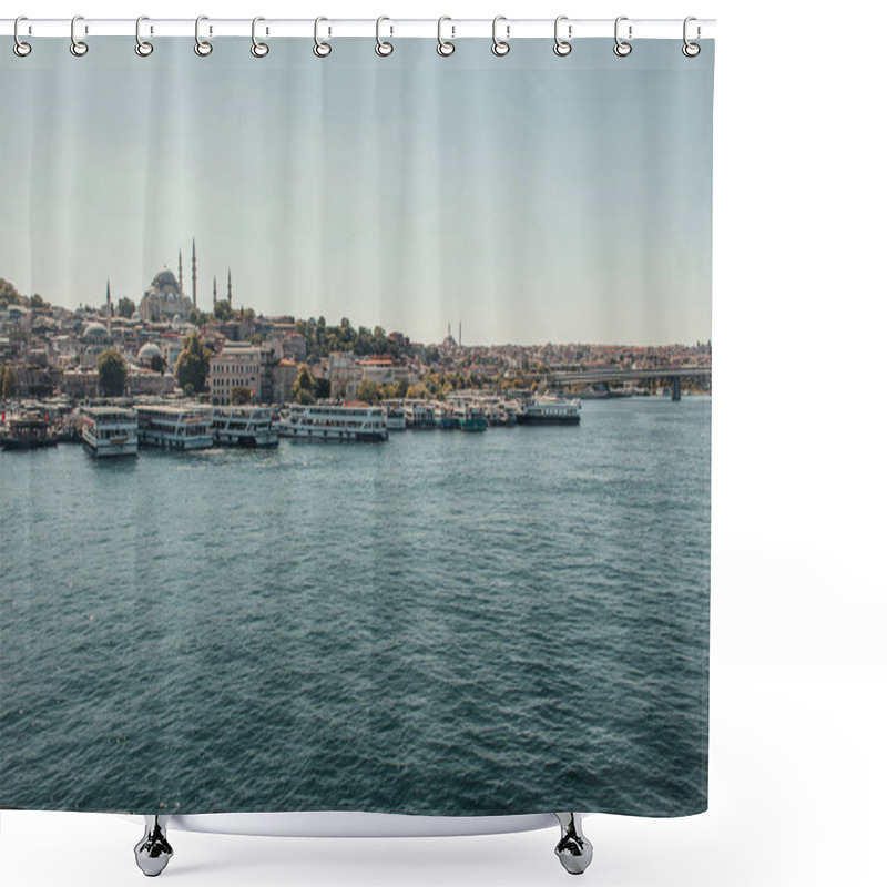 Personality  View Of City, And Ships Moored On Seashore, Istanbul, Turkey Shower Curtains