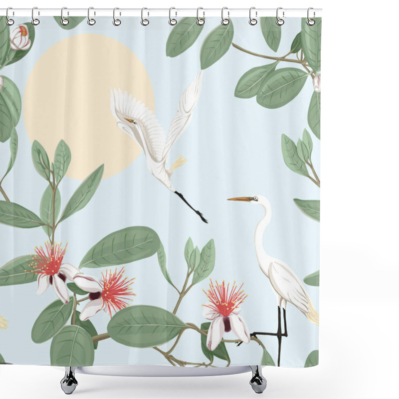 Personality  Seamless Pattern, Background With Floral Pattern With Feijoa Blooming Flowers And Herons.  Shower Curtains