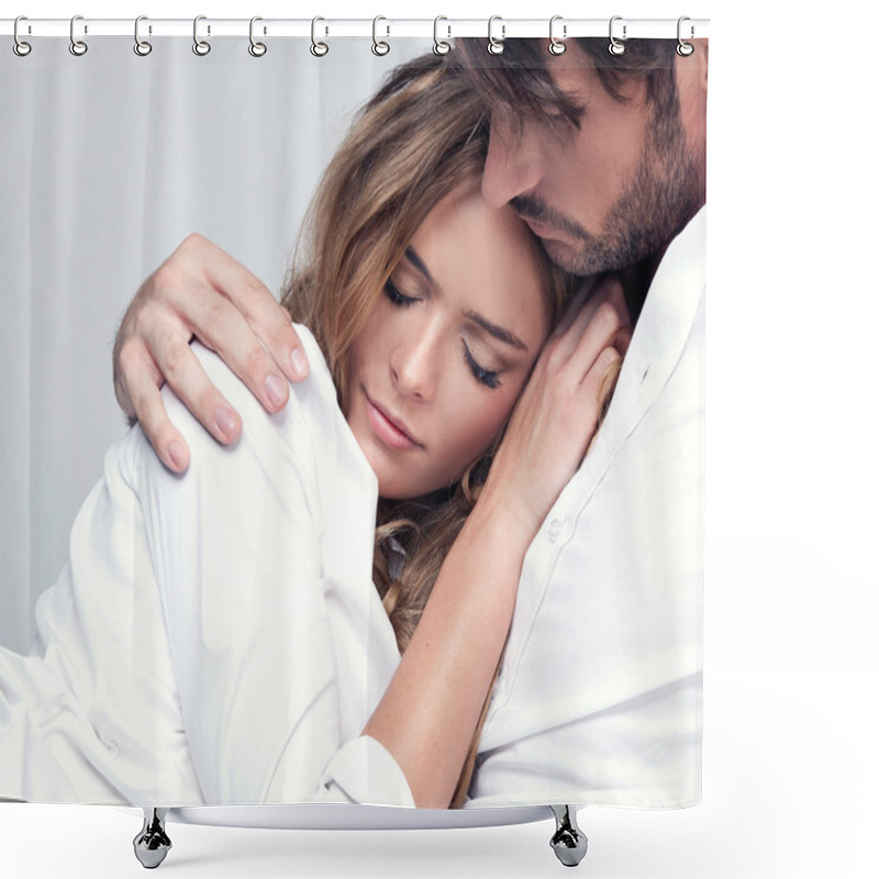 Personality  Portrait Of Romantic Couple Touching And Kissing Each Other Shower Curtains