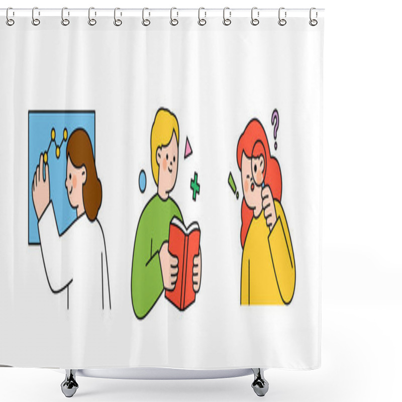 Personality  Education Concept Illustration. Students Analyzing Graphs, Reading Books And Doing Research. Shower Curtains