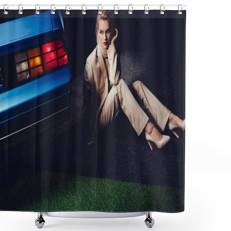 Personality  Attractive And Stylish Woman In Suit Sitting Near Retro Car  Shower Curtains