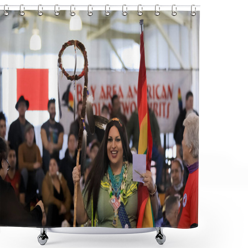 Personality  San Francisco, USA - February 08 2020: Native American Indian Two Spirit Person Holds A Traditional Grand Entry Eagle Staff And Rainbow Flag At Powwow Shower Curtains