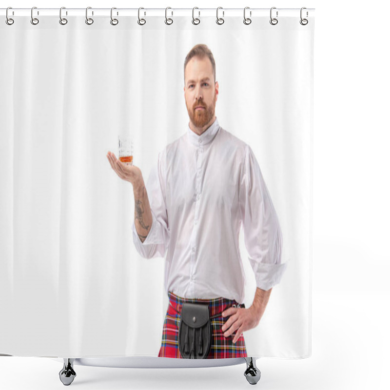 Personality  Scottish Redhead Man In Red Kilt With Whiskey In Glass On Hand Isolated On White Shower Curtains