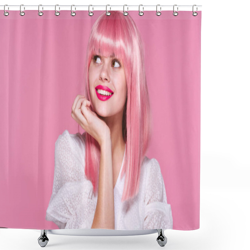 Personality  Studio Shot. Young Girl In Pink Wig Looking Away On Pink Background Shower Curtains