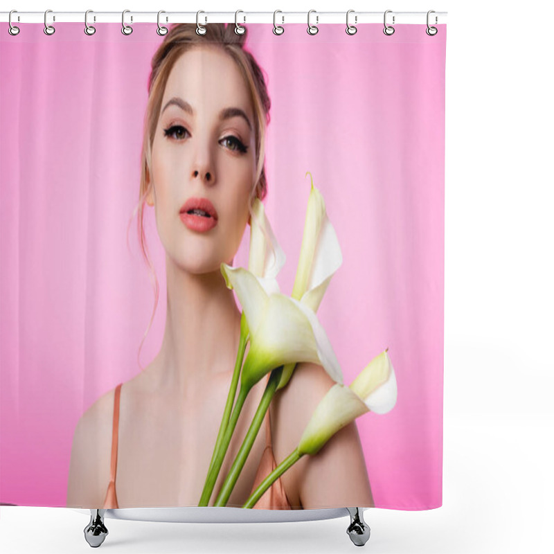 Personality  Elegant Beautiful Blonde Woman Holding Calla Flowers Isolated On Pink Shower Curtains