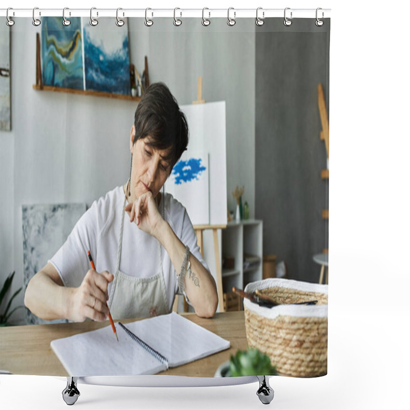 Personality  A Dedicated Artist Sketches Thoughtfully At Her Studio Table. Shower Curtains