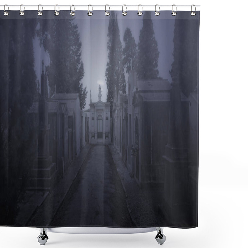 Personality  Old European Cemetery Street In A Creepy Foggy Full Moon Night Shower Curtains