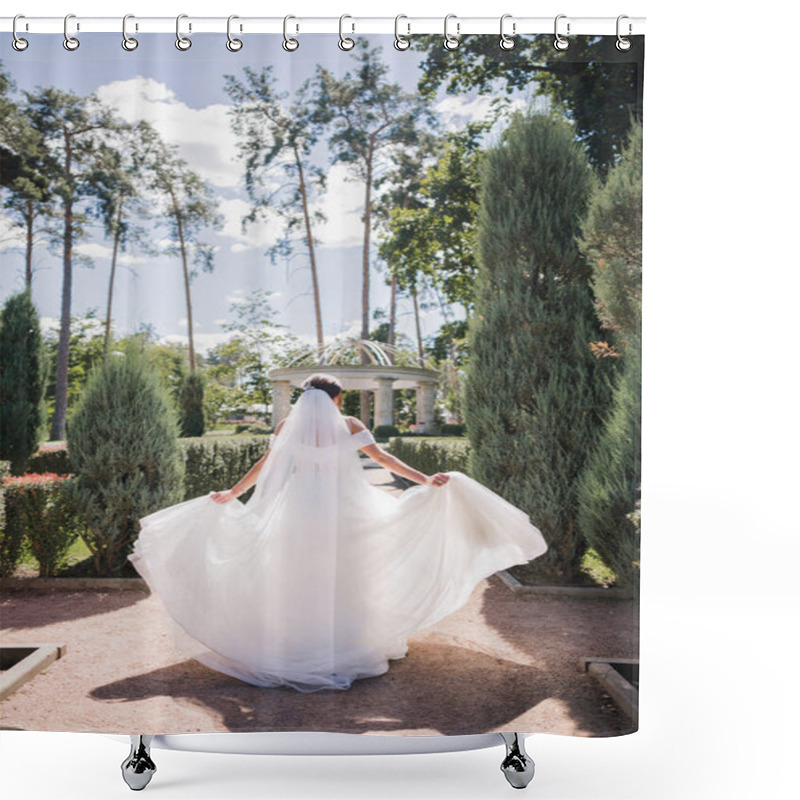 Personality  Bride In Wedding Dress With Her Back In The Park Shower Curtains