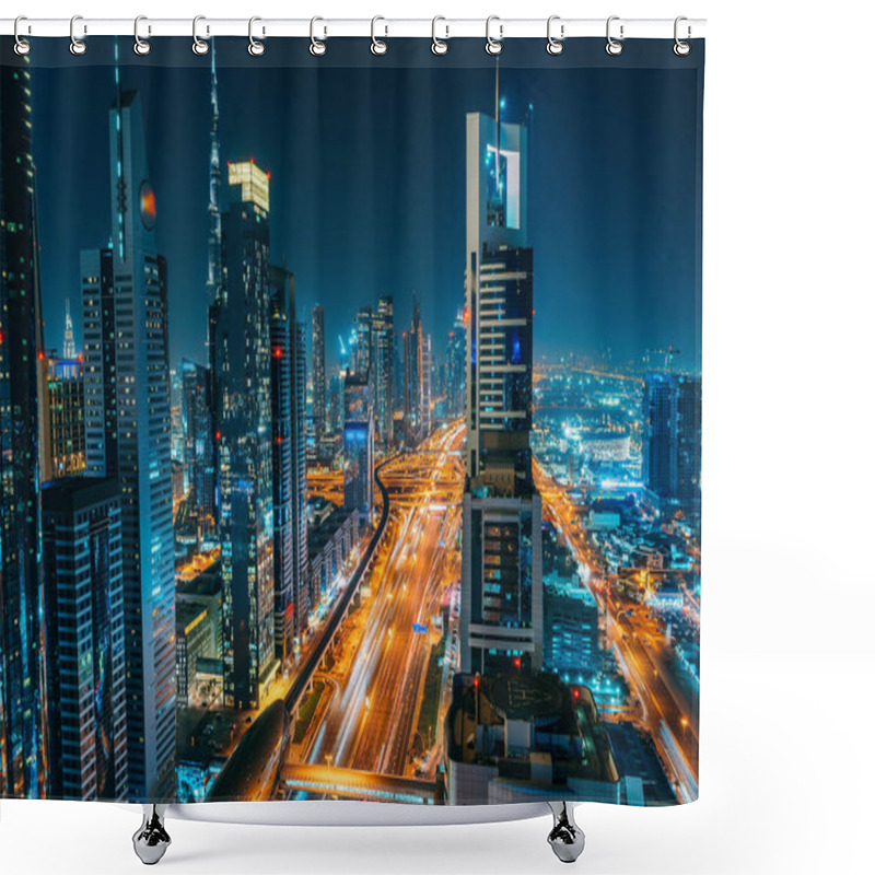 Personality  Panorama Of Dubai Downtown At Night From Above, United Arab Emirates Shower Curtains