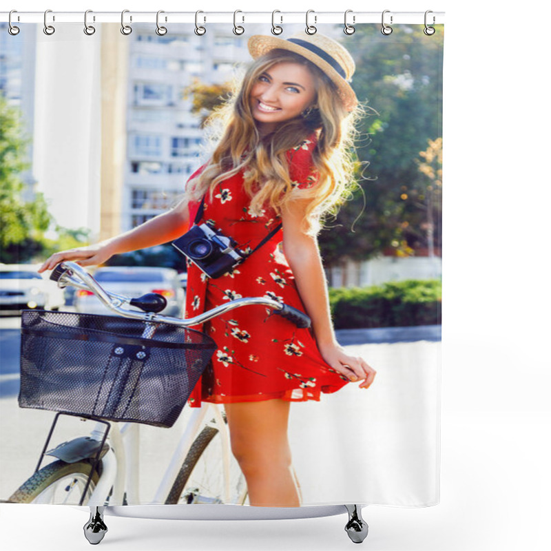 Personality  Photographer Girl Posing Near Her Hipster Bike Shower Curtains