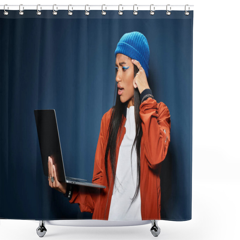 Personality  A Young Woman In Warm Fall Clothing Deeply Engages With Her Laptop, Expressing Curiosity. Shower Curtains