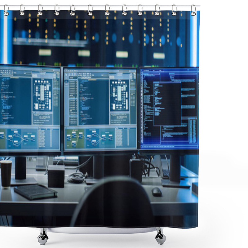 Personality  Shot Of Multiple Personal Computer Monitors Showing Coding Language Program With System Monitoring Interface. In The Background Data Center With Server Racks. Shower Curtains