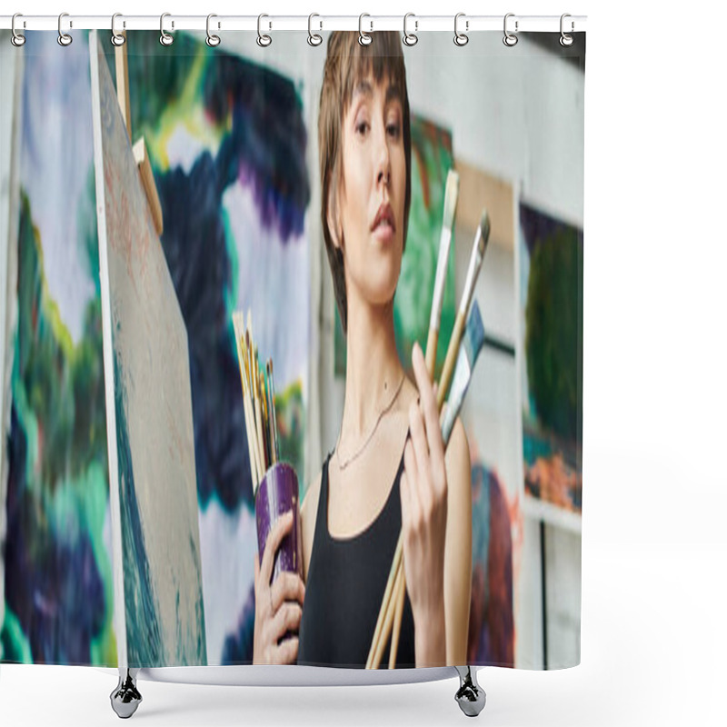 Personality  A Woman Holding A Paintbrush In Her Hand. Shower Curtains