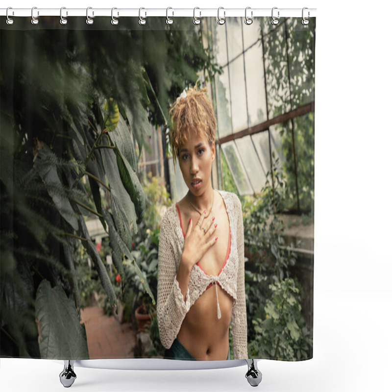 Personality  Portrait Of African American Woman In Trendy Summer Outfit And Knitted Top Looking At Camera And Touching Neck While Standing Near Plants In Indoor Garden, Stylish Lady Surrounded By Lush Greenery Shower Curtains