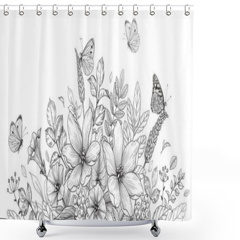 Personality  Hand Drawn Blooming Flowers And Butterflies On Blank Background. Black And White Different Wildflowers. Vector Monochrome Elegant Floral Composition In Vintage Style, Coloring Page. Shower Curtains