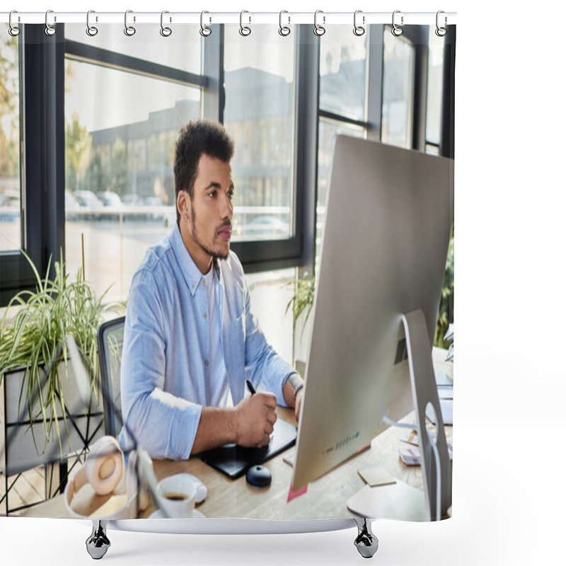 Personality  A Focused Man Works Diligently At His Desk, Surrounded By Greenery And Bright Sunlight. Shower Curtains