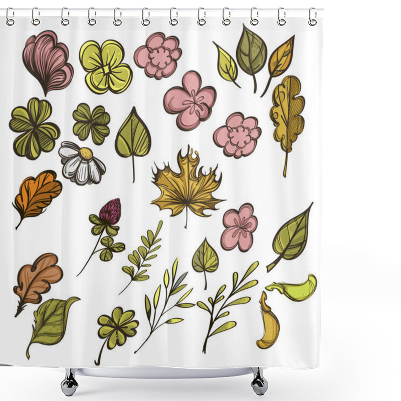 Personality  Wild Flowers, Herbs, Leaves And Branches. Set Of Outline Vector Illustrations Isolated On White Background. Shower Curtains