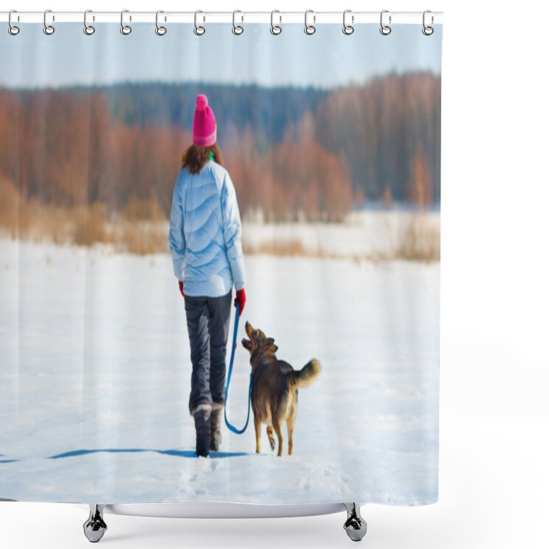 Personality  Young Woman With Her Dog Walking Shower Curtains