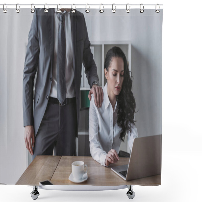 Personality  Cropped View Of Businessman Touching Shoulder Of Secretary Working On Laptop Shower Curtains