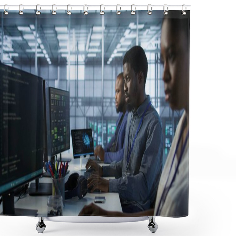 Personality  Team Of Engineers In Data Center Developing And Maintaining Disaster Recovery Plans Ensuring Minimal Downtime. Server Room Workers Using Data Analytics To Monitor Performance, Camera A Shower Curtains