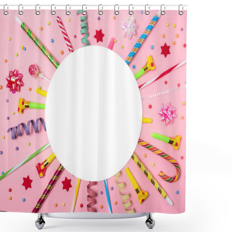 Personality  Colorful Celebration Background With Various Party Confetti, Streamers And Decoration. Minimal Party Concept. Flat Lay. Shower Curtains